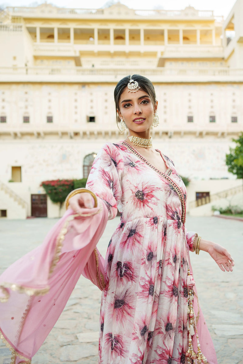 White Chinon Floral Embroidered Angrakha Anarkali Set with Solid Bottom & Sequin Chiffon Dupatta (Set of 5 Pc)