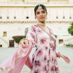 White Chinon Floral Embroidered Angrakha Anarkali Set with Solid Bottom & Sequin Chiffon Dupatta (Set of 5 Pc)