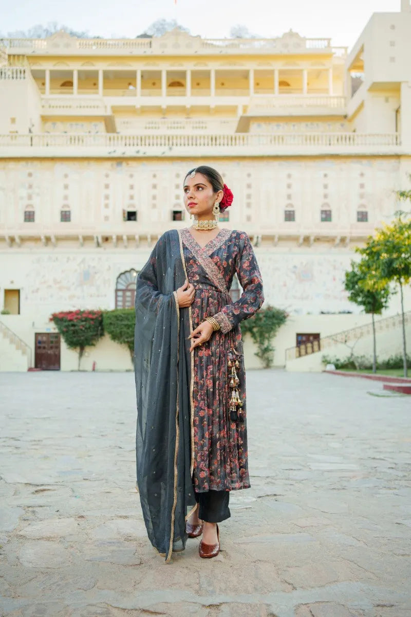 Black Chinon Floral Embroidered Angrakha Anarkali (Set of 5 Pc)