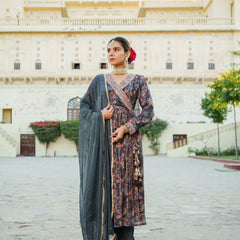 Black Chinon Floral Embroidered Angrakha Anarkali (Set of 5 Pc)