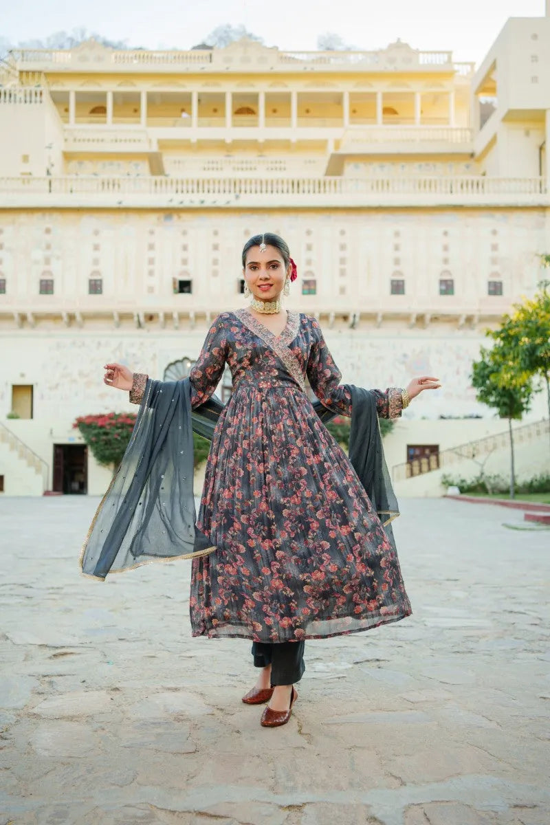 Black Chinon Floral Embroidered Angrakha Anarkali (Set of 5 Pc)