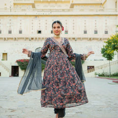 Black Chinon Floral Embroidered Angrakha Anarkali (Set of 5 Pc)