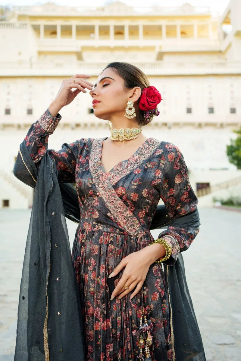 Black Chinon Floral Embroidered Angrakha Anarkali (Set of 5 Pc)