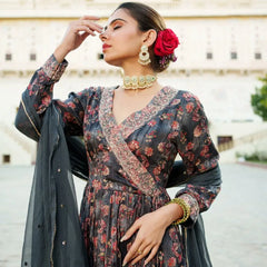 Black Chinon Floral Embroidered Angrakha Anarkali (Set of 5 Pc)
