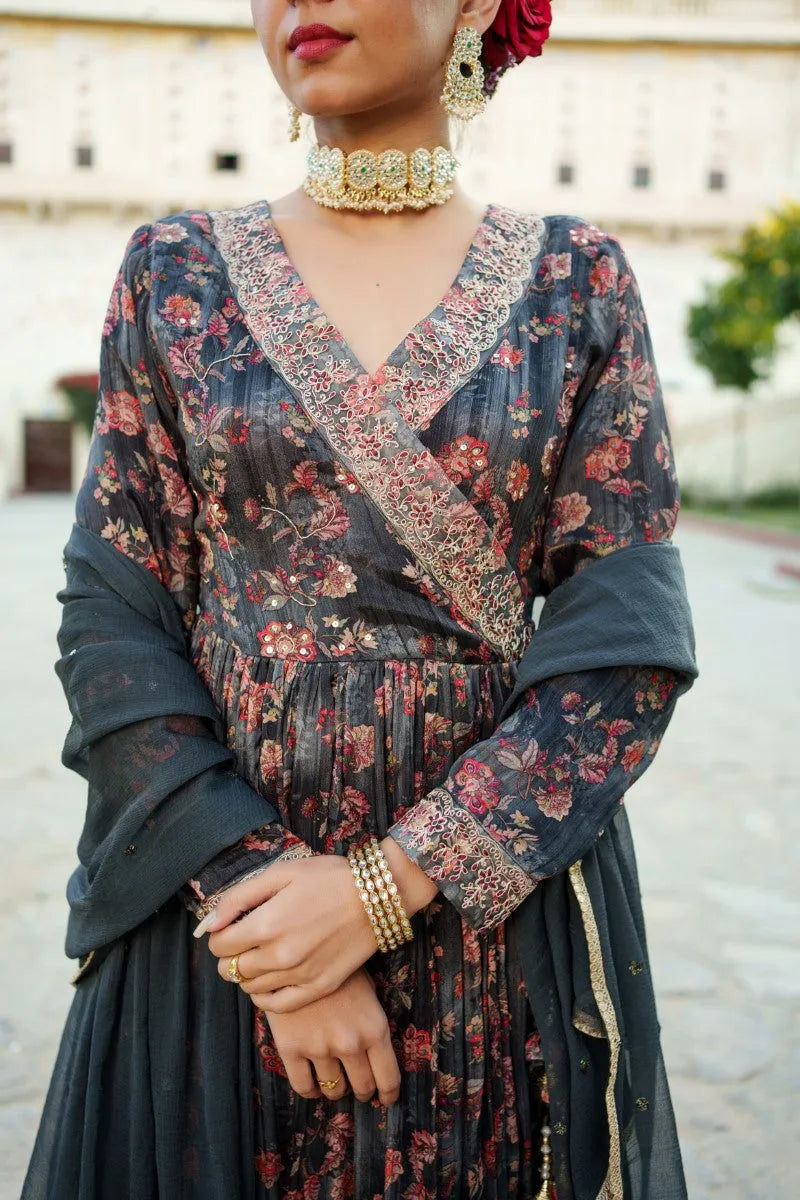 Black Chinon Floral Embroidered Angrakha Anarkali (Set of 5 Pc)