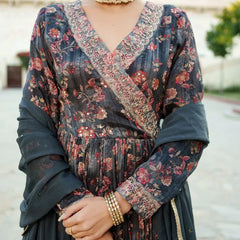 Black Chinon Floral Embroidered Angrakha Anarkali (Set of 5 Pc)