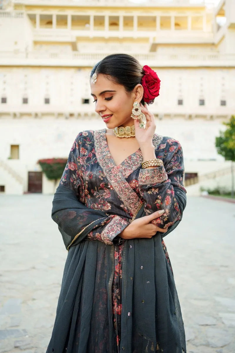 Black Chinon Floral Embroidered Angrakha Anarkali (Set of 5 Pc)