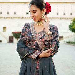 Black Chinon Floral Embroidered Angrakha Anarkali (Set of 5 Pc)