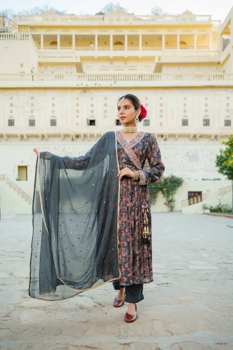 Black Chinon Floral Embroidered Angrakha Anarkali (Set of 5 Pc)