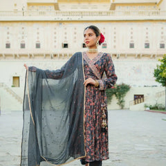Black Chinon Floral Embroidered Angrakha Anarkali (Set of 5 Pc)