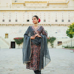 Black Chinon Floral Embroidered Angrakha Anarkali (Set of 5 Pc)