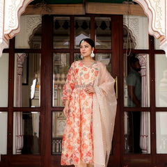 Cream Organza Floral Embroidered Anarkali & Handwork Belt With Solid Bottom & Embroidered Organza Dupatta Set (Set of 5 Pc) (Set of 5 Pc)