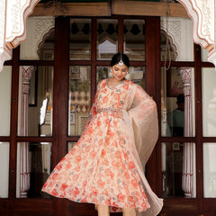 Cream Organza Floral Embroidered Anarkali & Handwork Belt With Solid Bottom & Embroidered Organza Dupatta Set (Set of 5 Pc) (Set of 5 Pc)