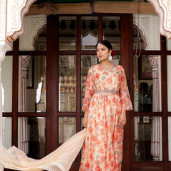 Cream Organza Floral Embroidered Anarkali & Handwork Belt With Solid Bottom & Embroidered Organza Dupatta Set (Set of 5 Pc) (Set of 5 Pc)