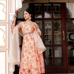 Cream Organza Floral Embroidered Anarkali & Handwork Belt With Solid Bottom & Embroidered Organza Dupatta Set (Set of 5 Pc) (Set of 5 Pc)