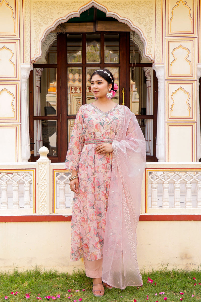 White Floral multi colour Embroidered Anarkali & Handwork belt with solid bottom & embroidered organza dupatta set