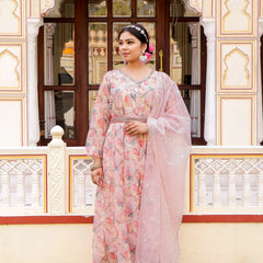 Floral Embroidered Anarkali with Solid Bottom, Belt & Organza Dupatta (Set of 5 Pc)