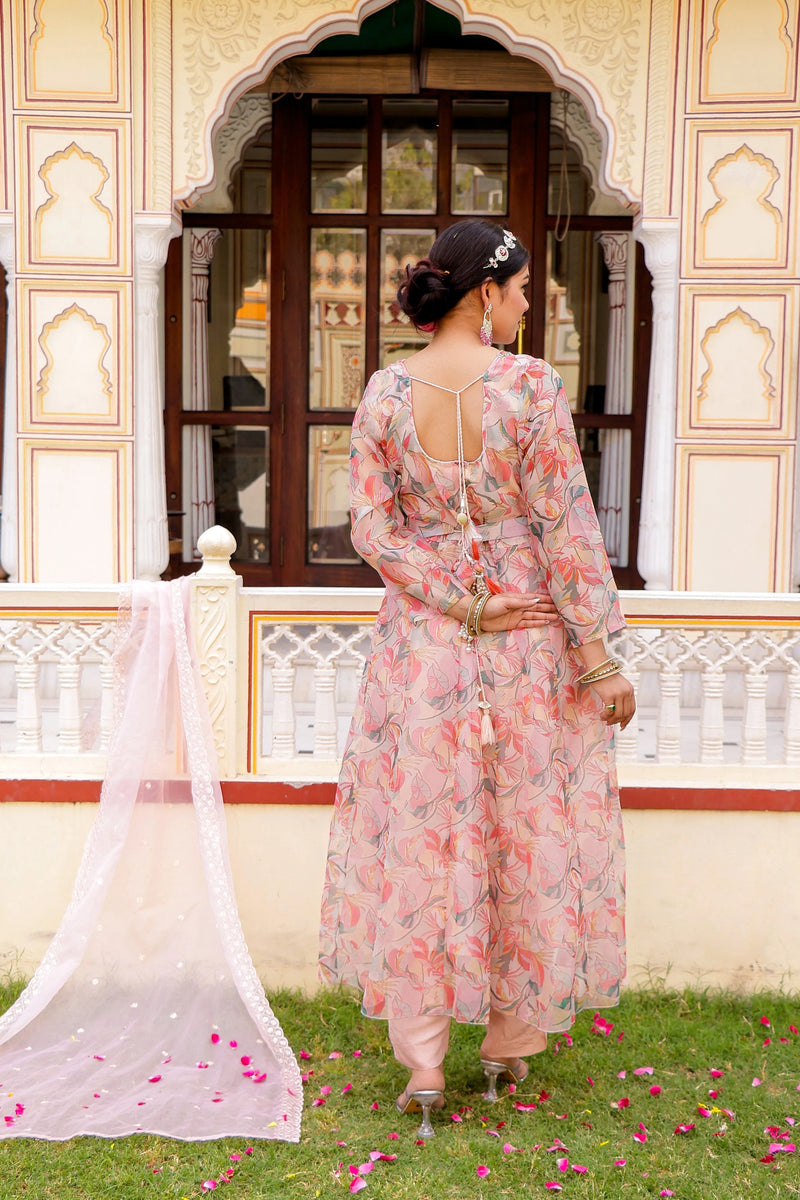 Floral Embroidered Anarkali with Solid Bottom, Belt & Organza Dupatta (Set of 5 Pc)
