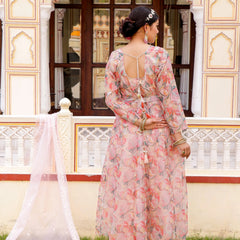 Floral Embroidered Anarkali with Solid Bottom, Belt & Organza Dupatta (Set of 5 Pc)