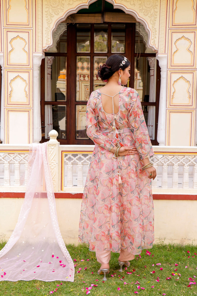 White Floral multi colour Embroidered Anarkali & Handwork belt with solid bottom & embroidered organza dupatta set