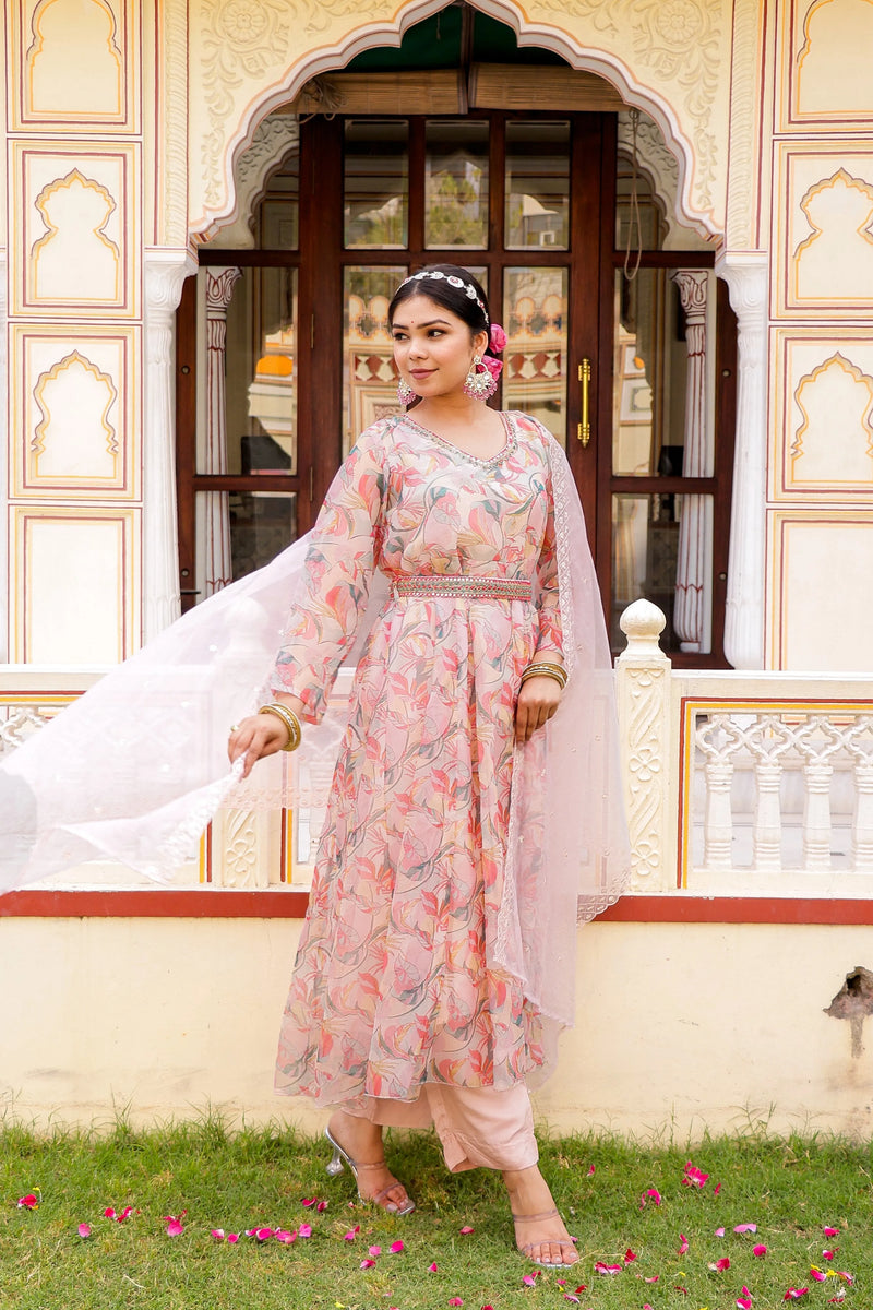 Floral Embroidered Anarkali with Solid Bottom, Belt & Organza Dupatta (Set of 5 Pc)