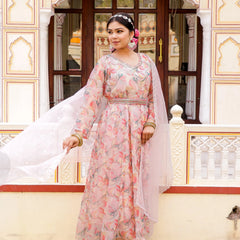 Floral Embroidered Anarkali with Solid Bottom, Belt & Organza Dupatta (Set of 5 Pc)