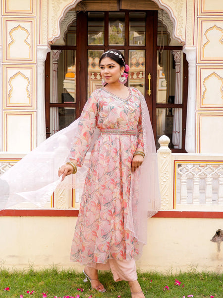 Floral Embroidered Anarkali with Solid Bottom, Belt & Organza Dupatta (Set of 5 Pc)