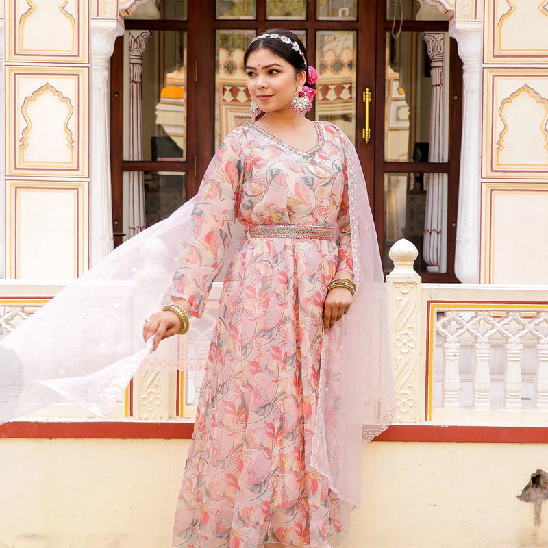 Floral Embroidered Anarkali with Solid Bottom, Belt & Organza Dupatta (Set of 5 Pc)