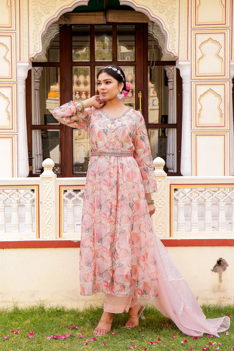 Floral Embroidered Anarkali with Solid Bottom, Belt & Organza Dupatta (Set of 5 Pc)
