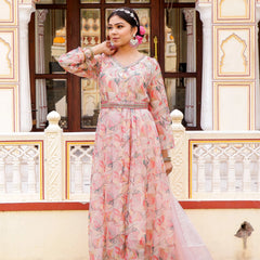 Floral Embroidered Anarkali with Solid Bottom, Belt & Organza Dupatta (Set of 5 Pc)