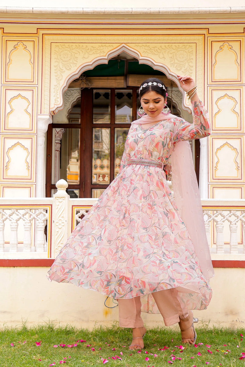 Floral Embroidered Anarkali with Solid Bottom, Belt & Organza Dupatta (Set of 5 Pc)