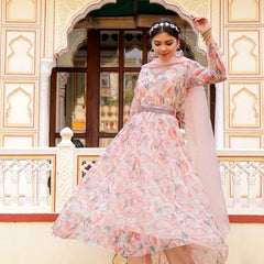Floral Embroidered Anarkali with Solid Bottom, Belt & Organza Dupatta (Set of 5 Pc)