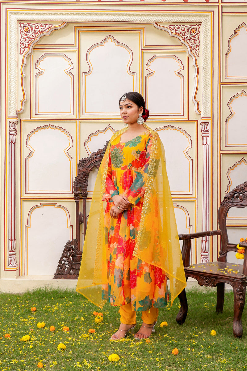 Mustard Multi Floral Embroidered Anarkali (Set of 5 Pc)