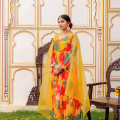 Mustard Multi Floral Embroidered Anarkali (Set of 5 Pc)
