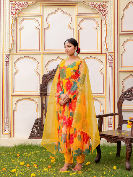 Mustard Multi Floral Embroidered Anarkali (Set of 5 Pc)