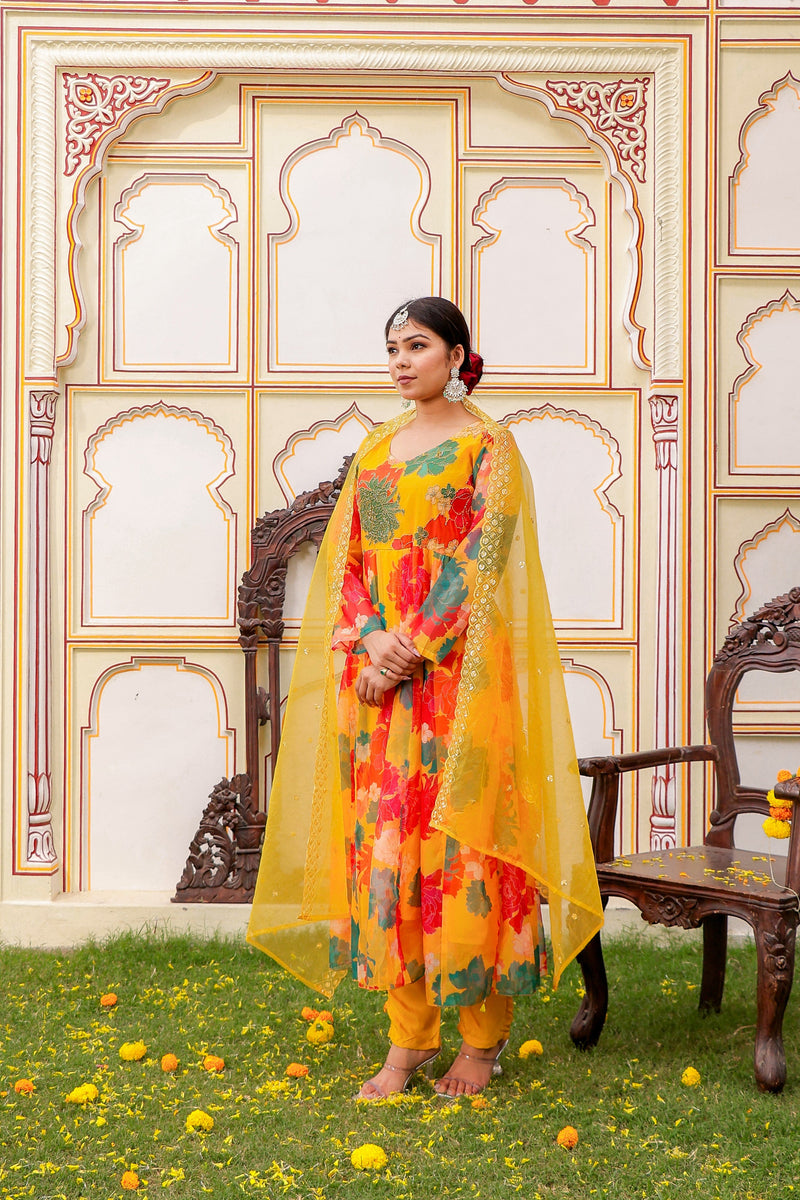 Mustard Multi Floral Embroidered Anarkali (Set of 5 Pc)