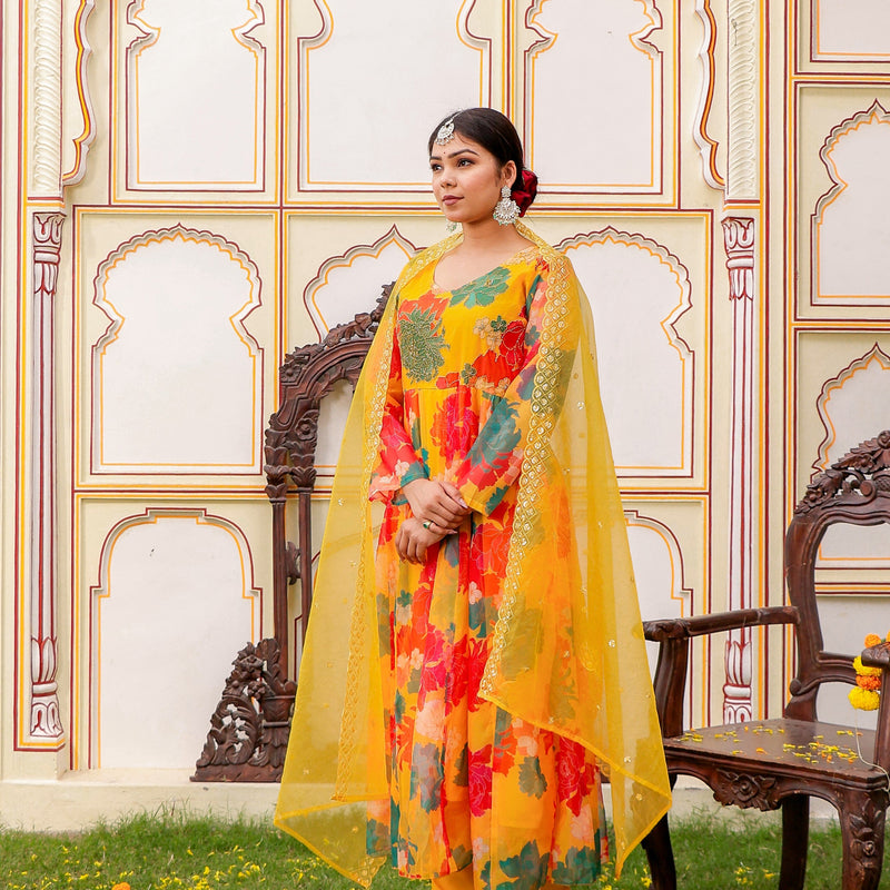 Mustard Multi Floral Embroidered Anarkali (Set of 5 Pc)