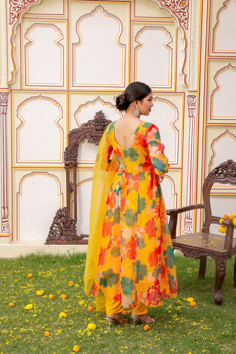 Mustard Multi Floral Embroidered Anarkali (Set of 5 Pc)
