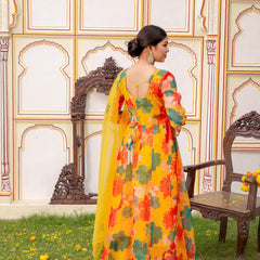 Mustard Multi Floral Embroidered Anarkali (Set of 5 Pc)