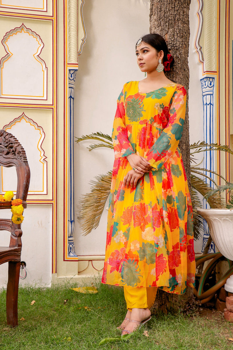 Mustard Multi Floral Embroidered Anarkali (Set of 5 Pc)