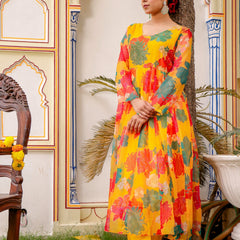 Mustard Multi Floral Embroidered Anarkali (Set of 5 Pc)