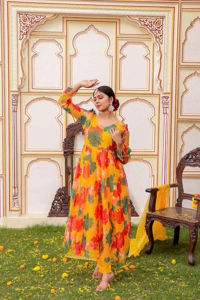 Mustard Multi Floral Embroidered Anarkali (Set of 5 Pc)