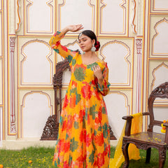 Mustard Multi Floral Embroidered Anarkali (Set of 5 Pc)