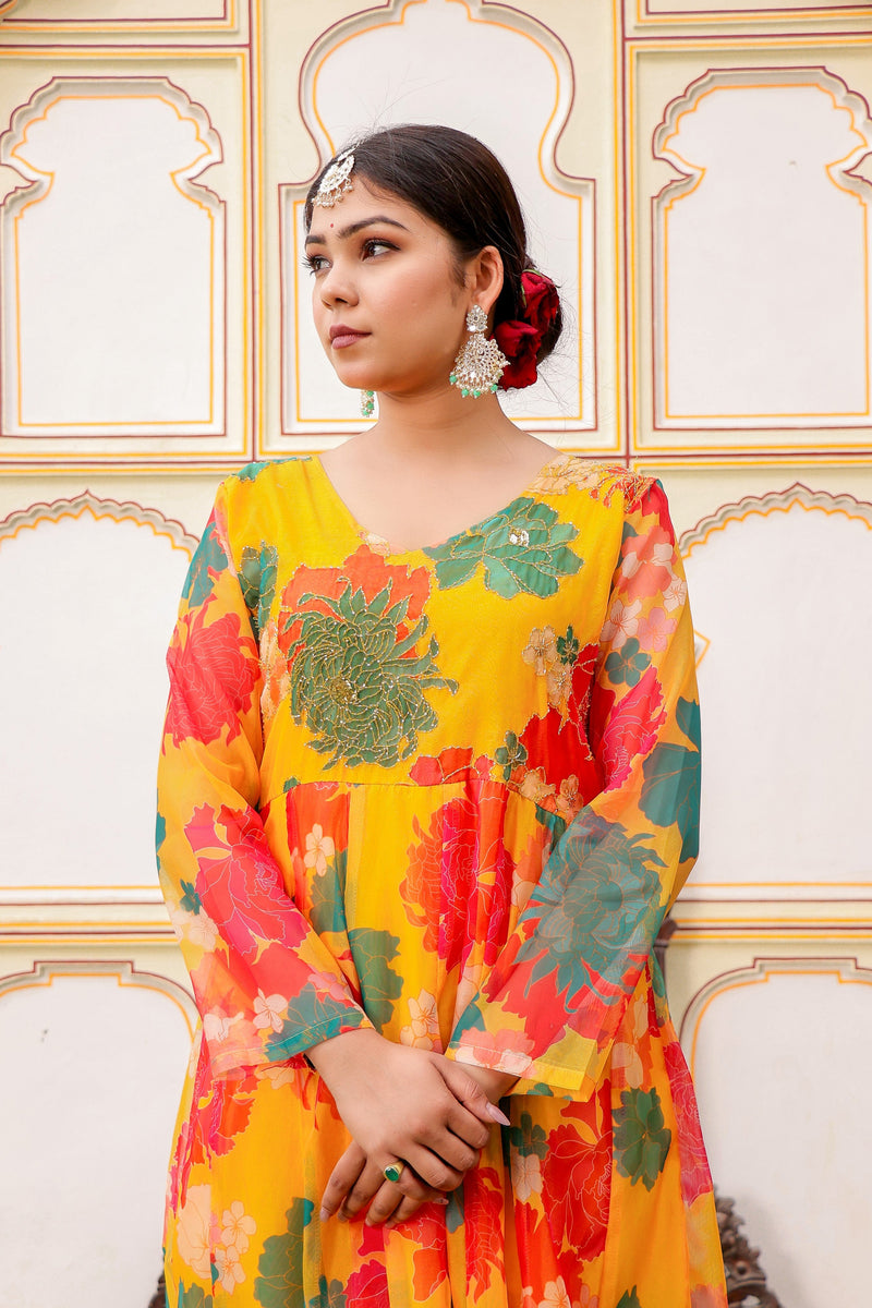 Mustard Multi Floral Embroidered Anarkali (Set of 5 Pc)