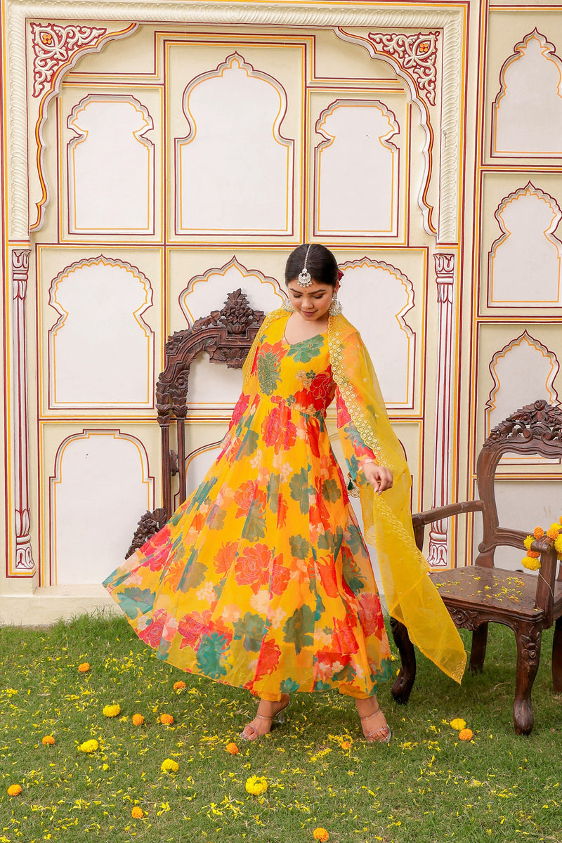 Mustard Multi Floral Embroidered Anarkali (Set of 5 Pc)
