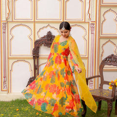 Mustard Multi Floral Embroidered Anarkali (Set of 5 Pc)
