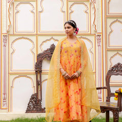 MUSTARD Floral Embroidered Anarkali & Handwork yoke with solid bottom & embroidered organza dupatta set (Set of 5 Pc)