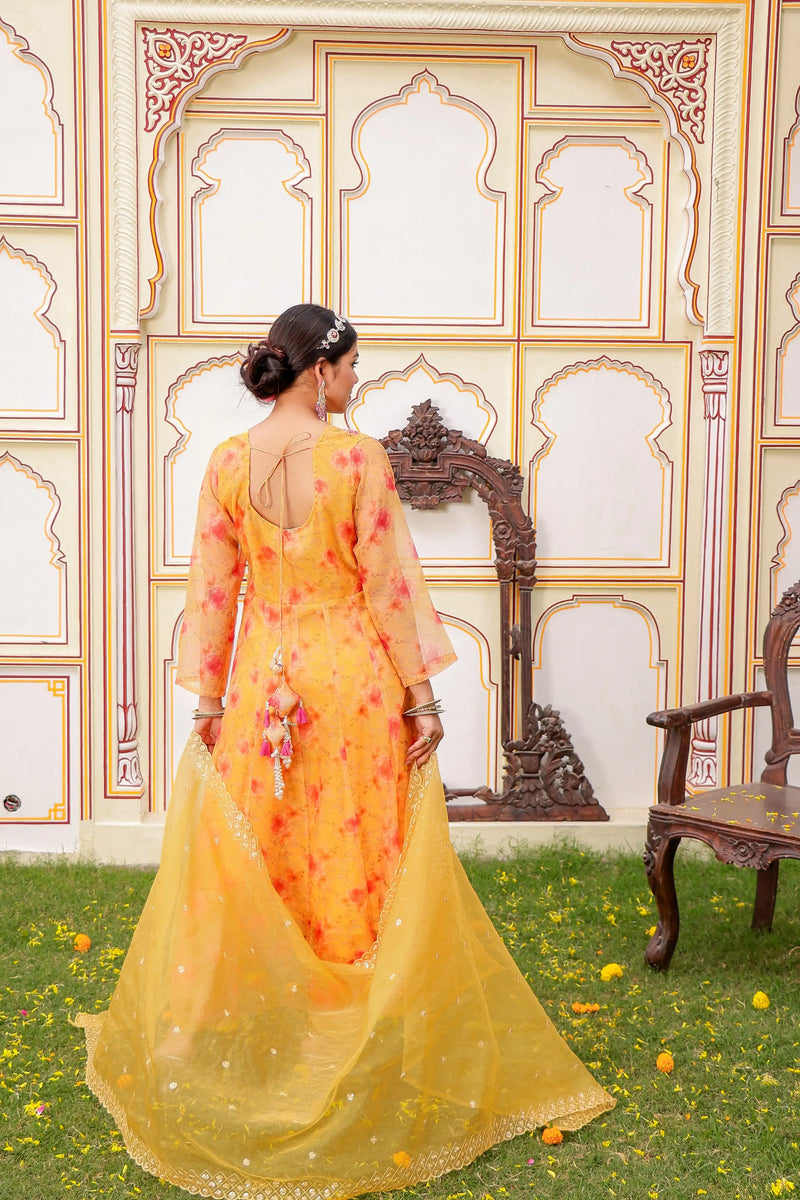 MUSTARD Floral Embroidered Anarkali & Handwork yoke with solid bottom & embroidered organza dupatta set (Set of 5 Pc)