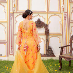 MUSTARD Floral Embroidered Anarkali & Handwork yoke with solid bottom & embroidered organza dupatta set (Set of 5 Pc)