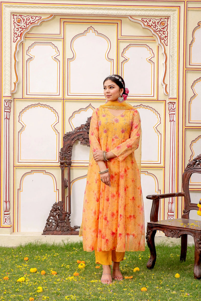 MUSTARD Floral Embroidered Anarkali & Handwork yoke with solid bottom & embroidered organza dupatta set (Set of 5 Pc)